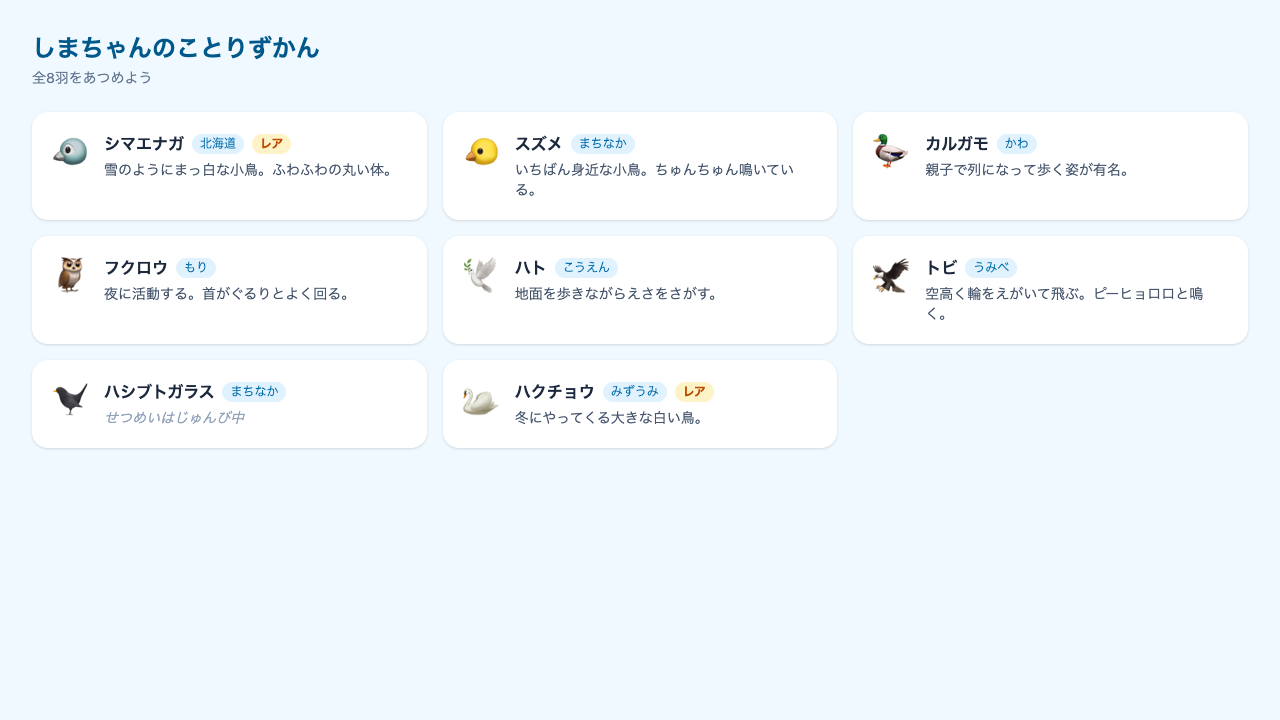 8羽のカードのうち、シマエナガとハクチョウにオレンジ色の「レア」チップが付いている。ハシブトガラスの説明欄には薄い文字で「せつめいはじゅんび中」と表示されている