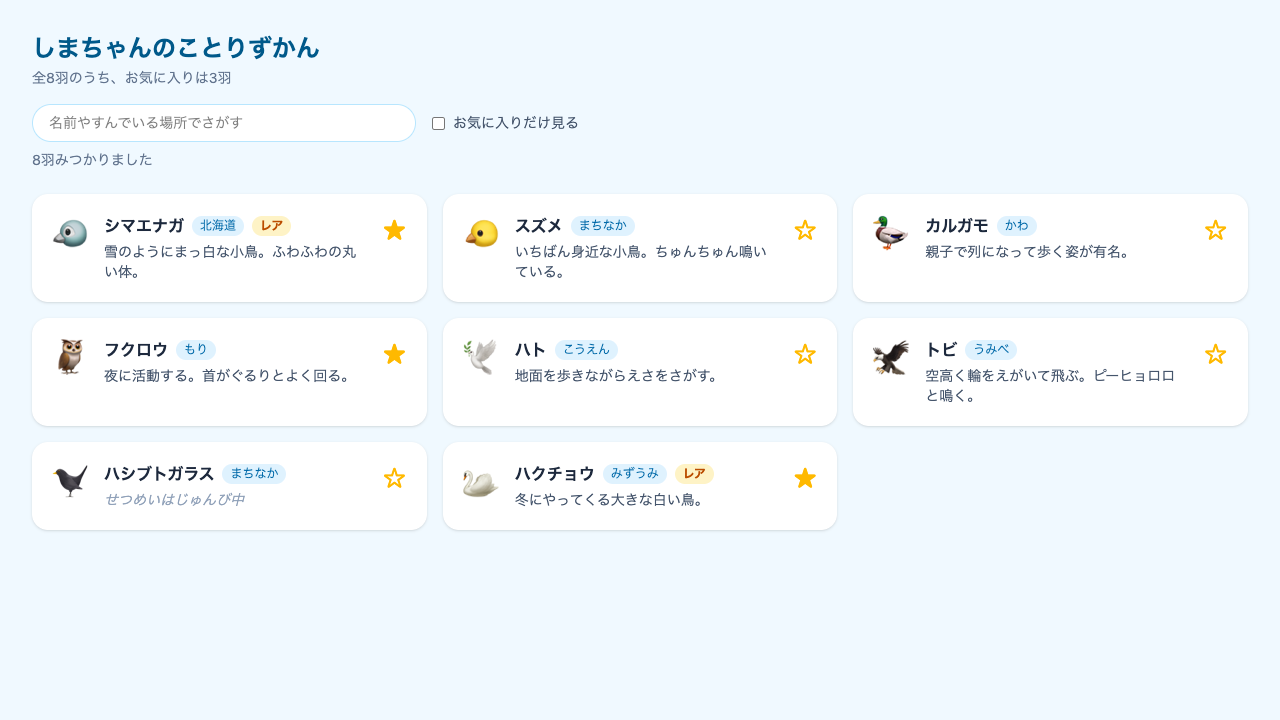 8羽のカードが並び、シマエナガ・フクロウ・ハクチョウの3羽に★が付いている。上部に「全8羽のうち、お気に入りは3羽」と表示されている