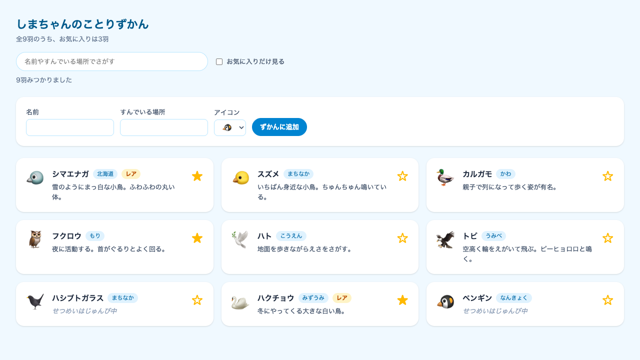 9羽目としてペンギンのカードが追加され、上の件数が「9羽みつかりました」に変わっている。フォームの入力欄は空に戻っている