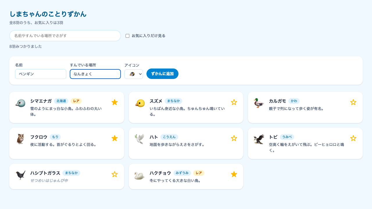 ことりずかんの上部にフォームがあり、名前欄に「ペンギン」、すんでいる場所欄に「なんきょく」と入力されている