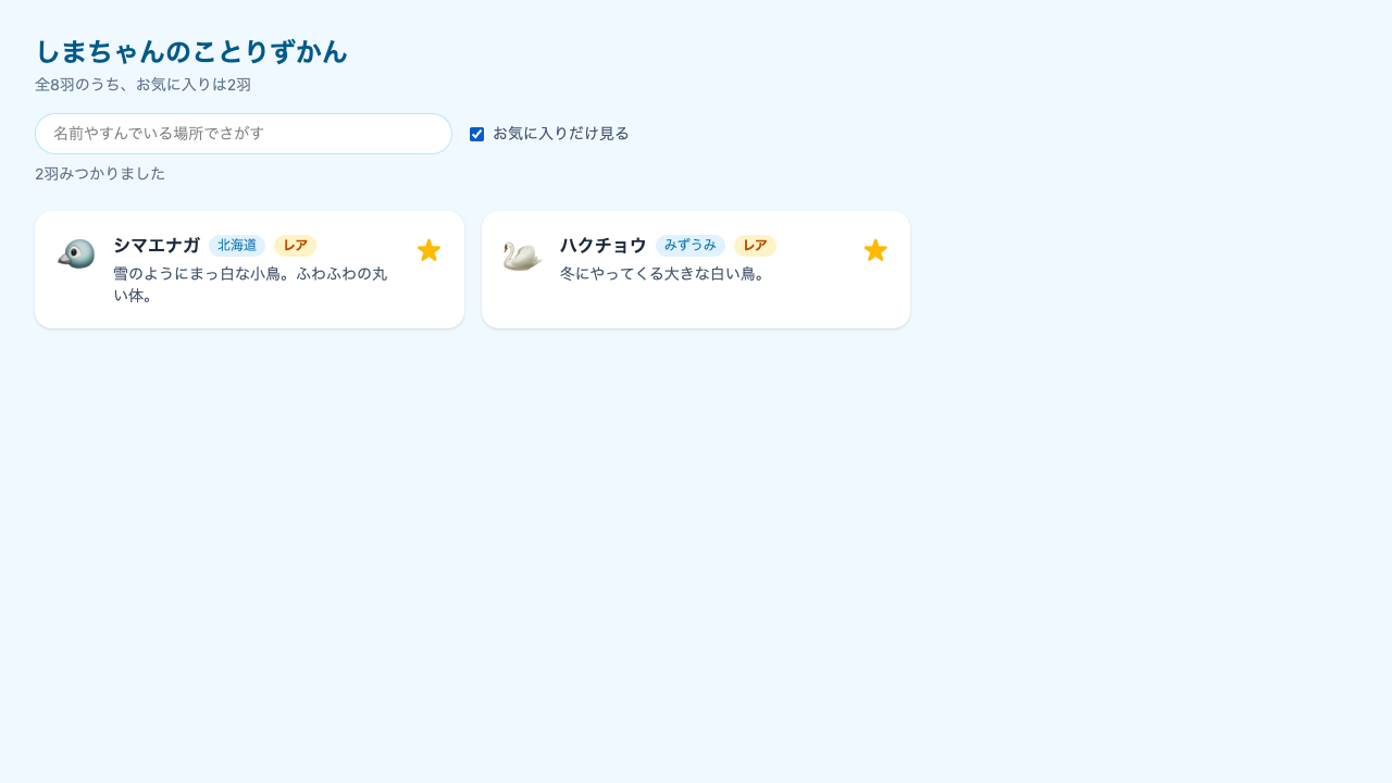 「お気に入りだけ見る」にチェックが入っていて、シマエナガとハクチョウの2枚だけが★付きで表示されている。上部に「全8羽のうち、お気に入りは2羽」と出ている