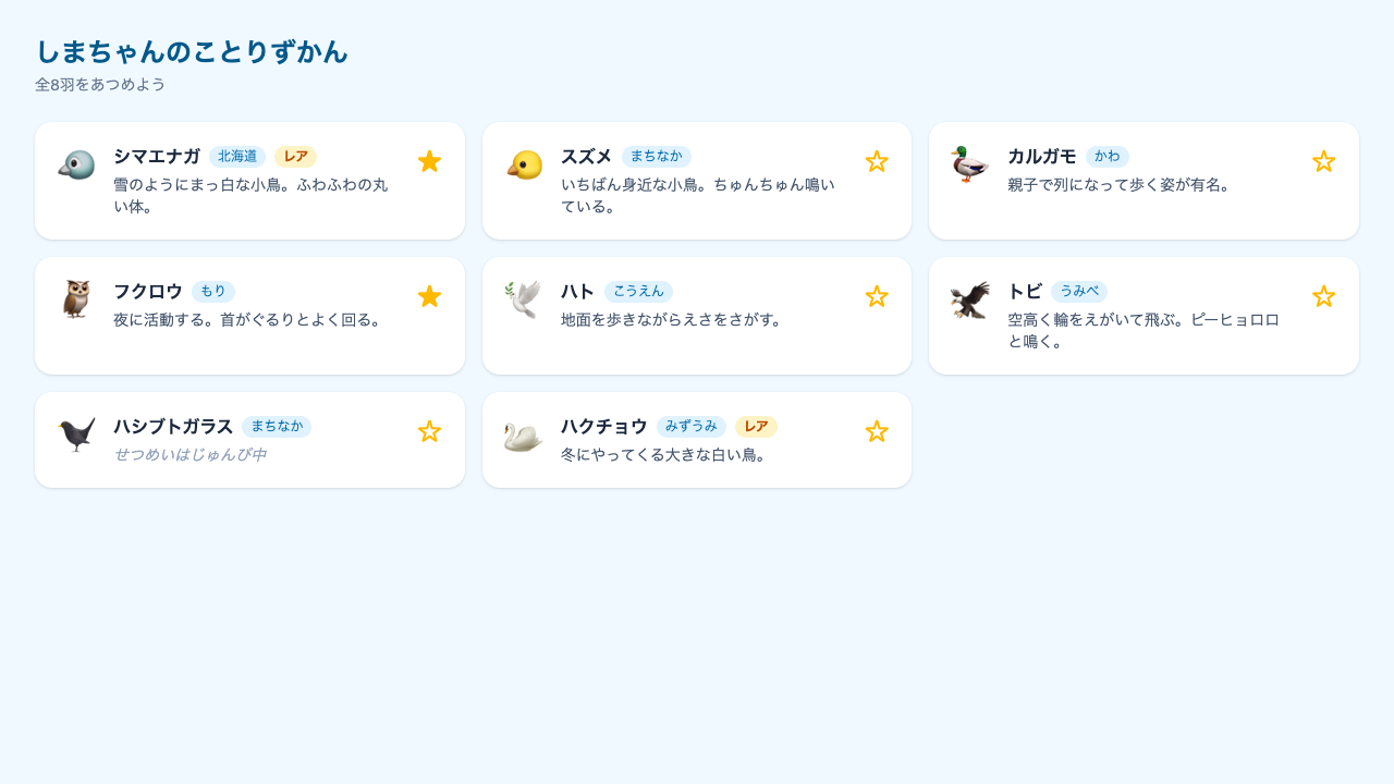 8羽のカードが並び、シマエナガとフクロウの星が黄色く塗りつぶされた★になっている。ほかの鳥は白抜きの☆のまま