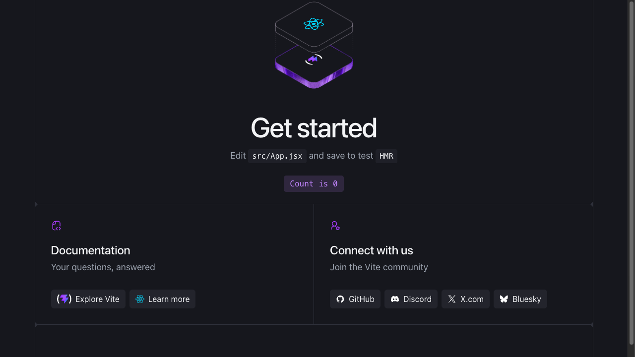 Viteの初期画面。中央にViteとReactのロゴが重なったイラスト、「Get started」という見出し、「Count is 0」というボタンが並んでいる
