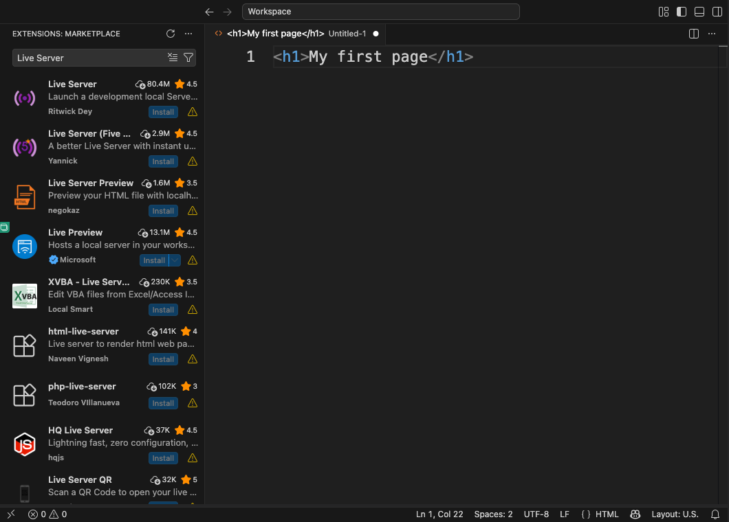 The VSCode extensions panel. “Live Server” is typed into the search box, and Live Server appears at the top of the list