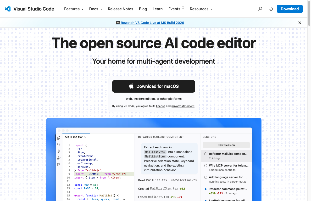 VSCode公式サイト。中央に大きな「Download」ボタンがある