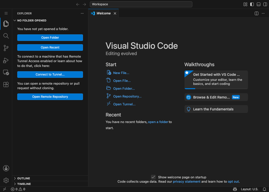 起動直後のVSCode。左端にアイコンが縦に並び、右側にようこそ画面が表示されている