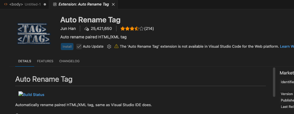 VSCodeの拡張機能ページ。Auto Rename Tag(作者Jun Han)の紹介。名前・説明・Installボタンが並ぶ