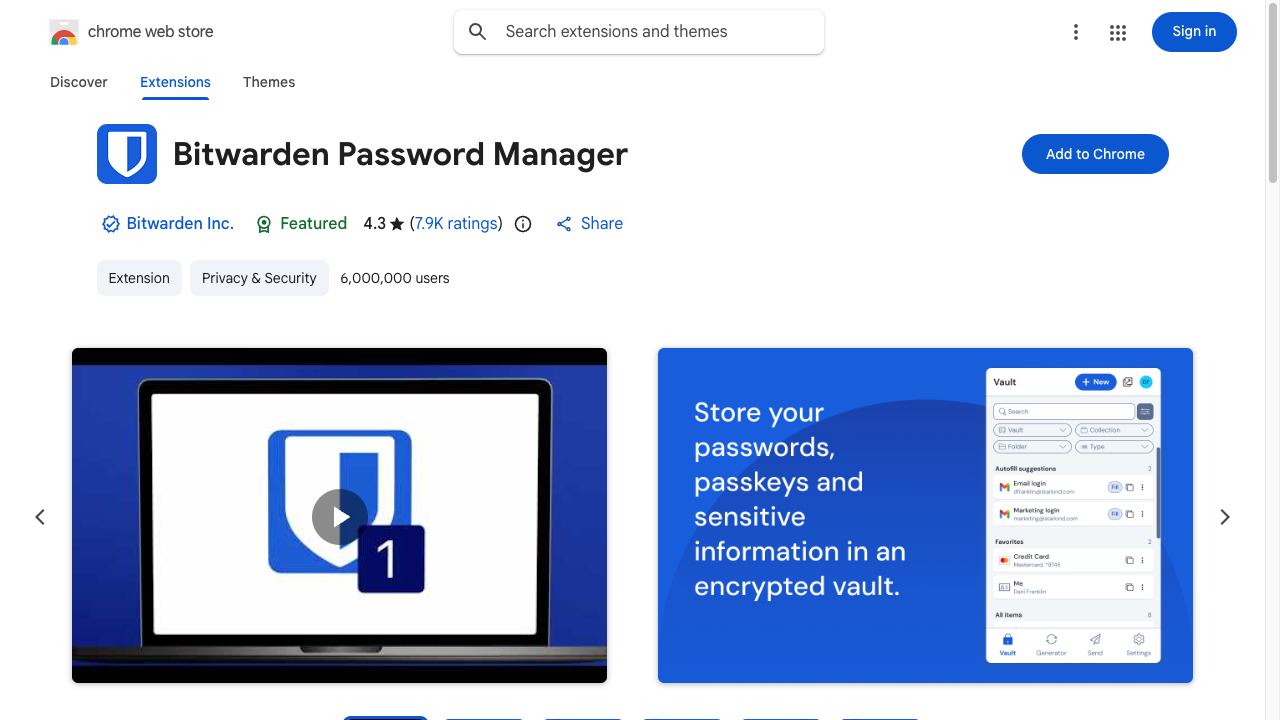 BitwardenのChromeウェブストアページ。拡張機能のアイコンと説明、パスワード保管庫のサンプル画面、青い「Chromeに追加」ボタンが並んでいる