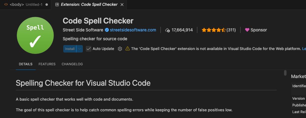 VSCodeの拡張機能ページ。Code Spell Checker(作者Street Side Software)の紹介。名前・説明・Installボタンが並ぶ