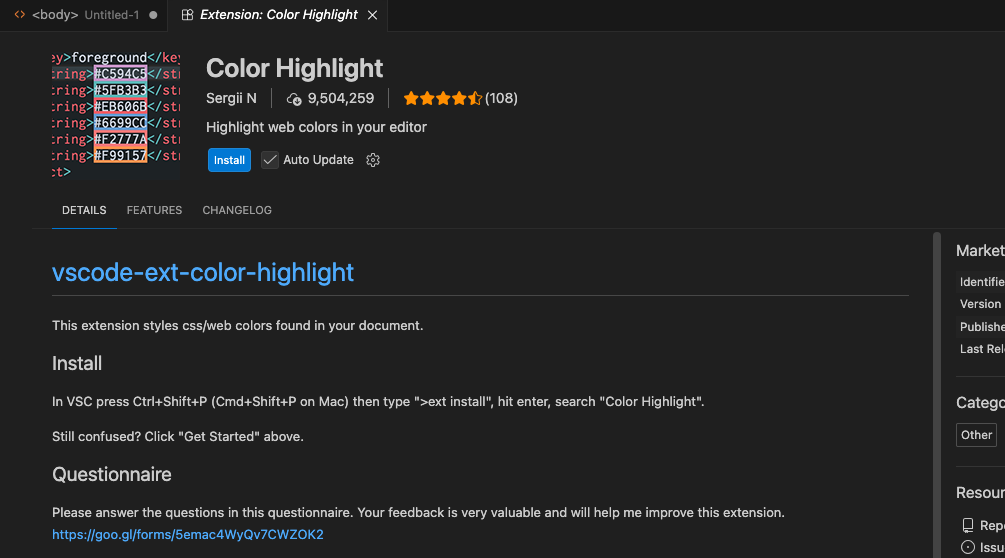VSCodeの拡張機能ページ。Color Highlight(作者Sergii N)の紹介。アイコンに色コードが色付きで並ぶ