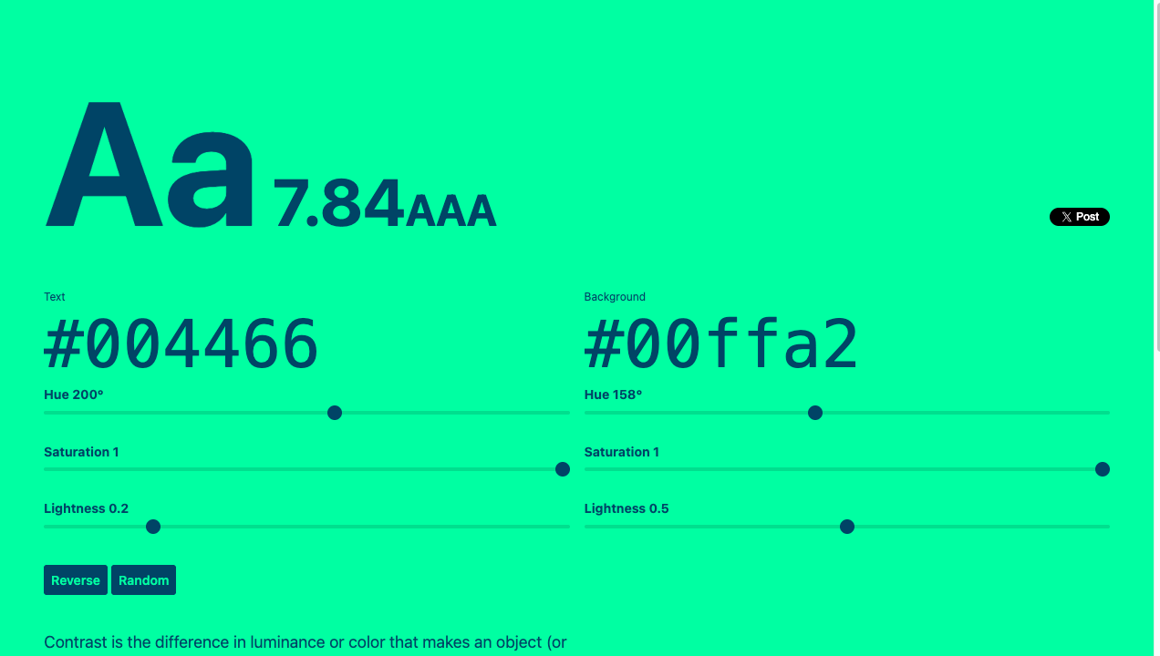Colorableの画面。大きな「Aa 7.84 AAA」の表示と、文字色・背景色それぞれのカラーコード、色を調整するスライダーが並んでいる