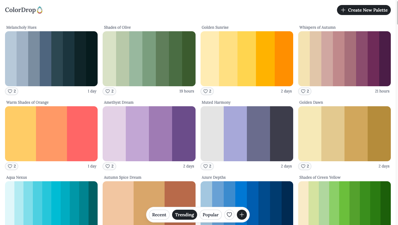 ColorDropの画面。名前つきの4色パレットがタイル状にたくさん並んでいる