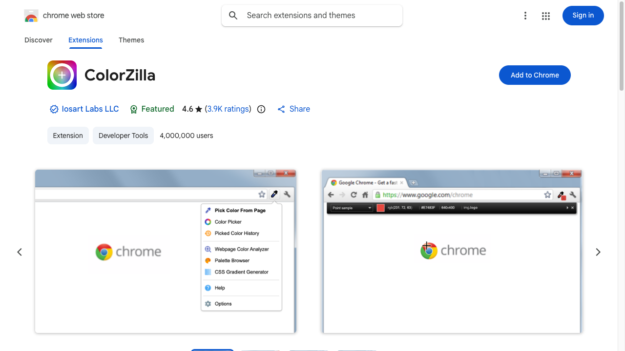 ColorZillaのChromeウェブストアページ。拡張機能のアイコンと説明、青い「Chromeに追加」ボタンが並んでいる