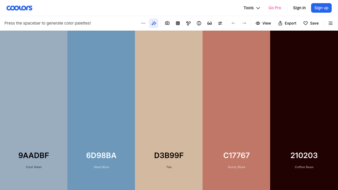 Coolorsの画面。5色が縦に並び、それぞれの下にカラーコードと色の名前が表示されている。上部に「Press the spacebar to generate color palettes!」と出ている