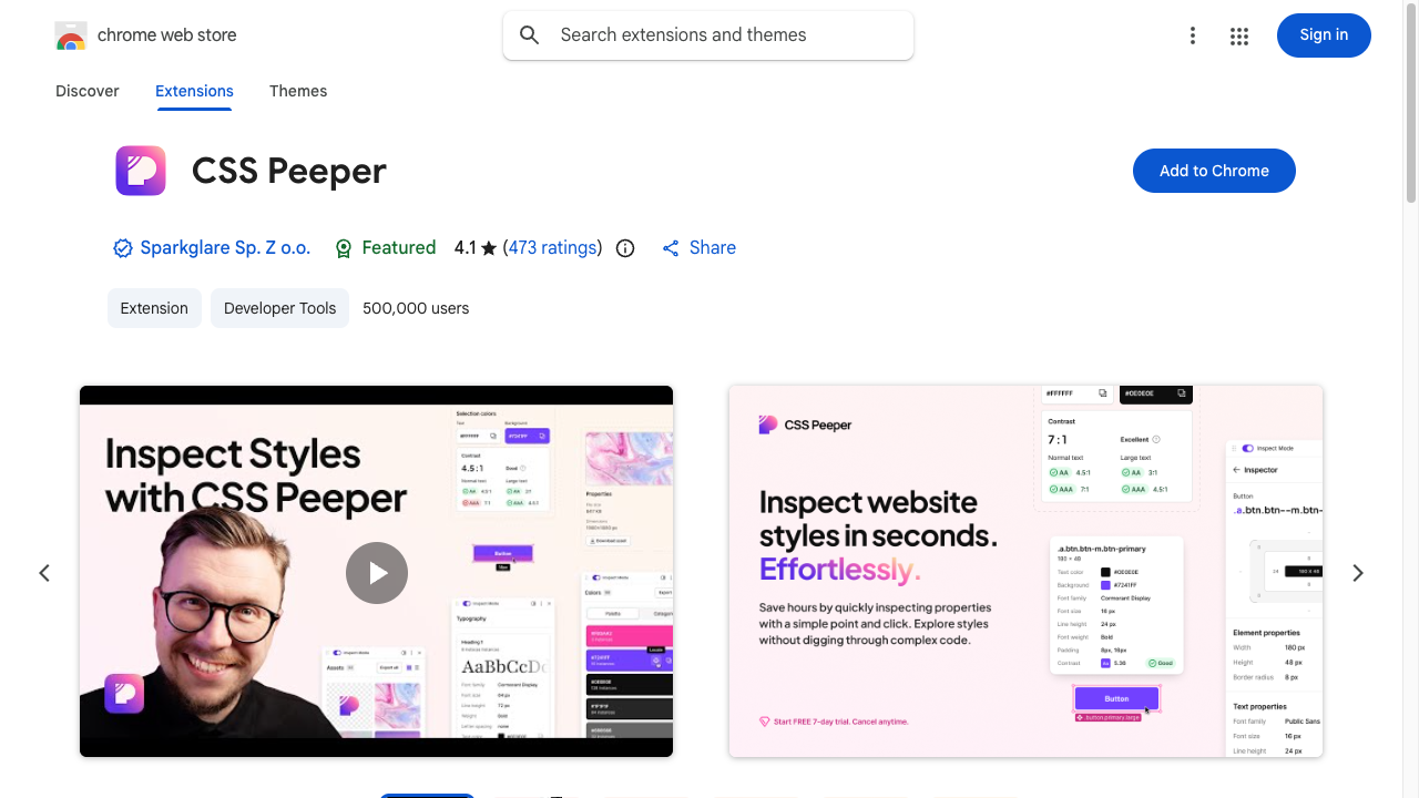 CSS PeeperのChromeウェブストアページ。拡張機能のアイコンと説明、青い「Chromeに追加」ボタンが並んでいる