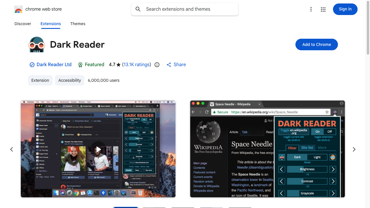 Dark ReaderのChromeウェブストアページ。拡張機能のアイコンと説明、ダークモード表示のサンプル画面、青い「Chromeに追加」ボタンが並んでいる