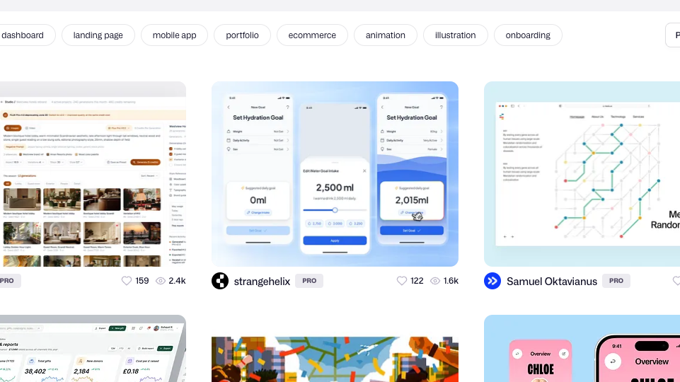 Dribbbleの画面。カラフルなUIパーツやアイコンのデザインが、正方形のサムネイルで敷きつめられている