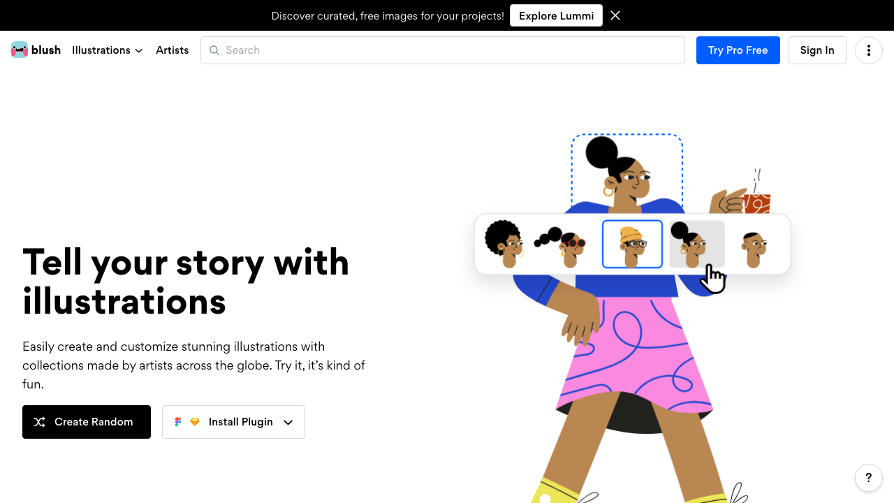 The Blush screen. “Tell your story with illustrations” on the left with a Create Random button, and on the right an illustration of a person whose head is being swapped from a row of options