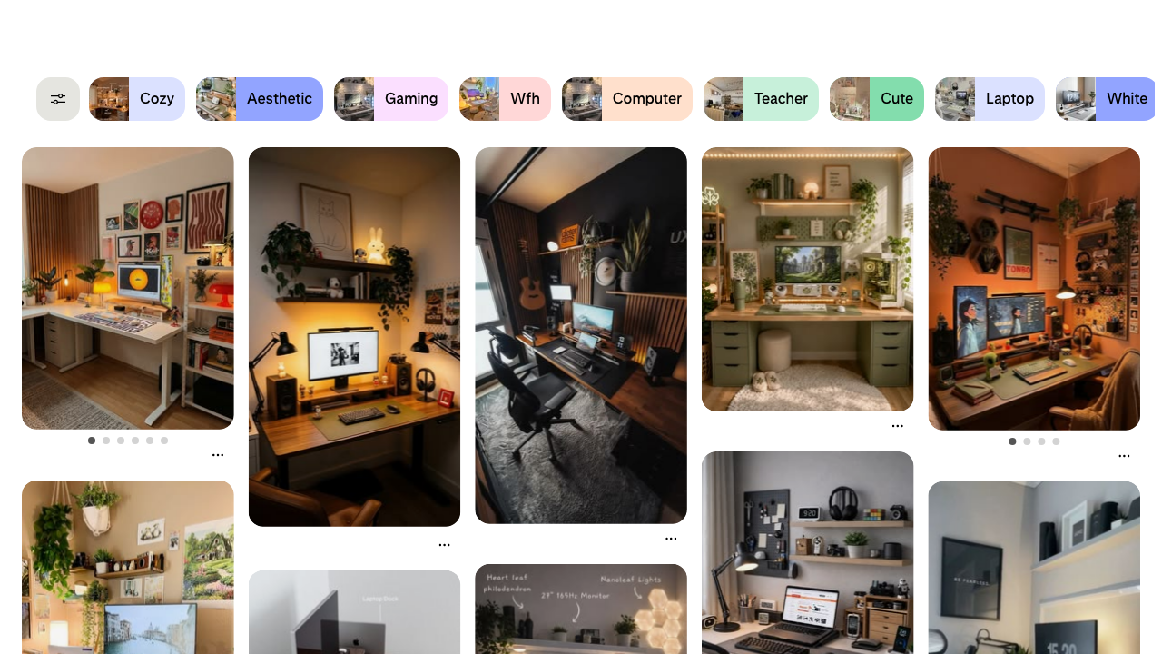 The results of searching “desk setup” on Pinterest. Stylish real desk photos are laid out in a tile grid, with filter buttons like “Cozy,” “Aesthetic,” and “Gaming” shown at the top