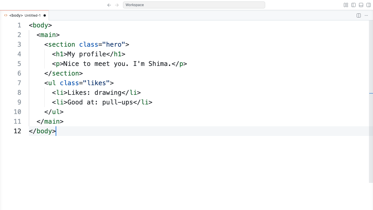 A VSCode editor screen. On a white background, nested HTML is displayed cleanly in green, blue, and gray text