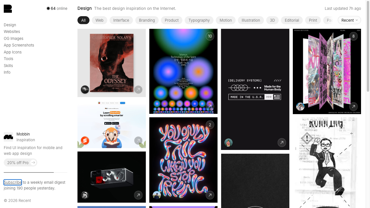 The Recent screen. Filter tags like Web, Interface, Branding, Typography, and Motion run along the top, above a grid of design work