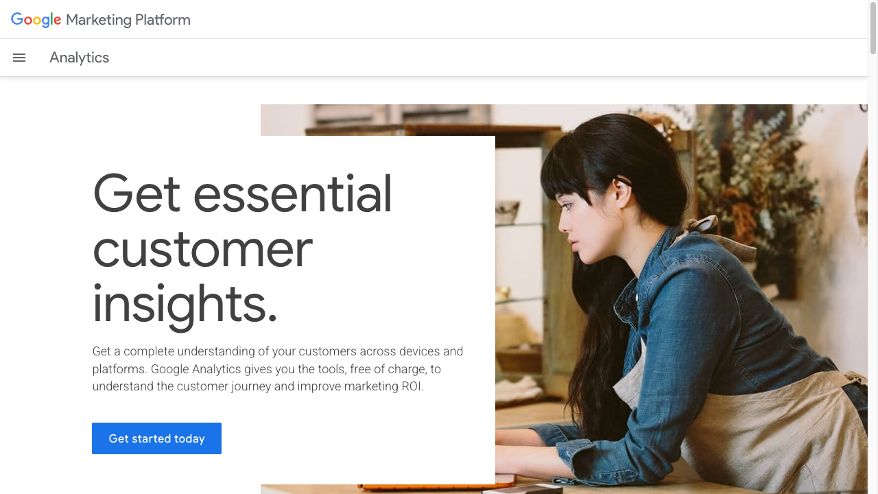 The Google Analytics product page, showing a headline about getting essential insights and a button to get started