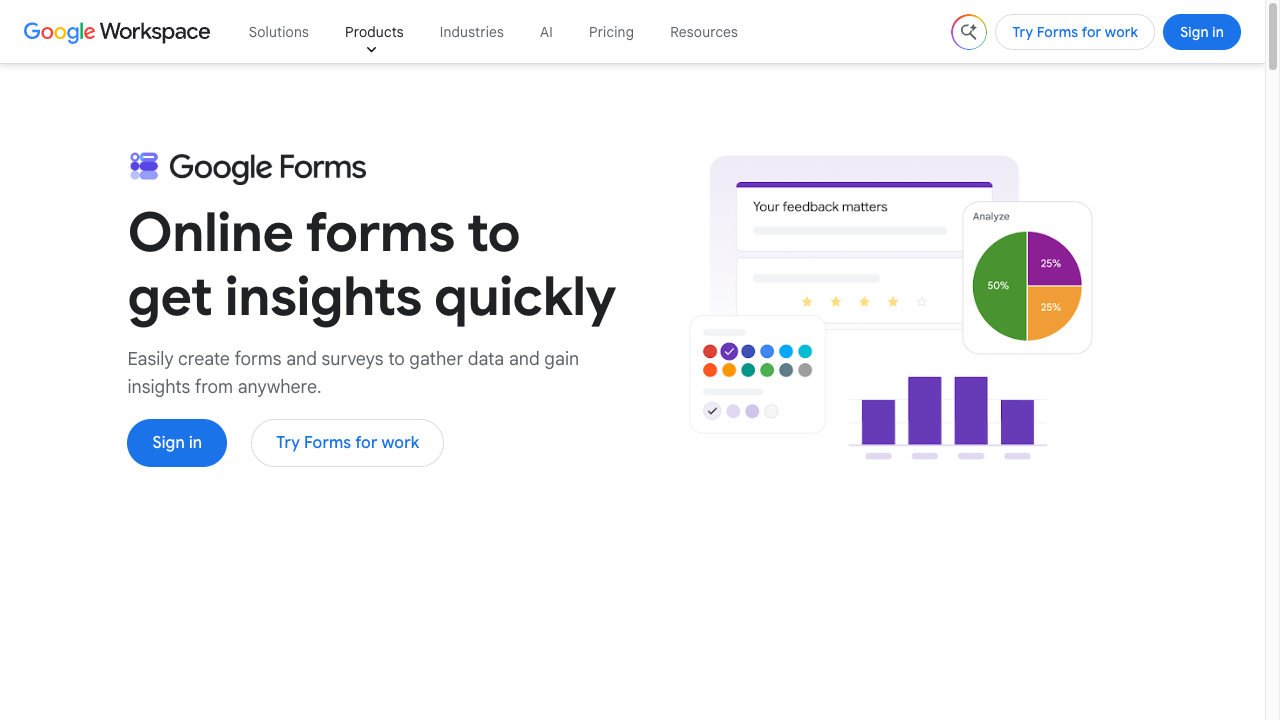 The Google Forms product page, showing the headline “Online forms to get insights quickly” and an illustration of charts