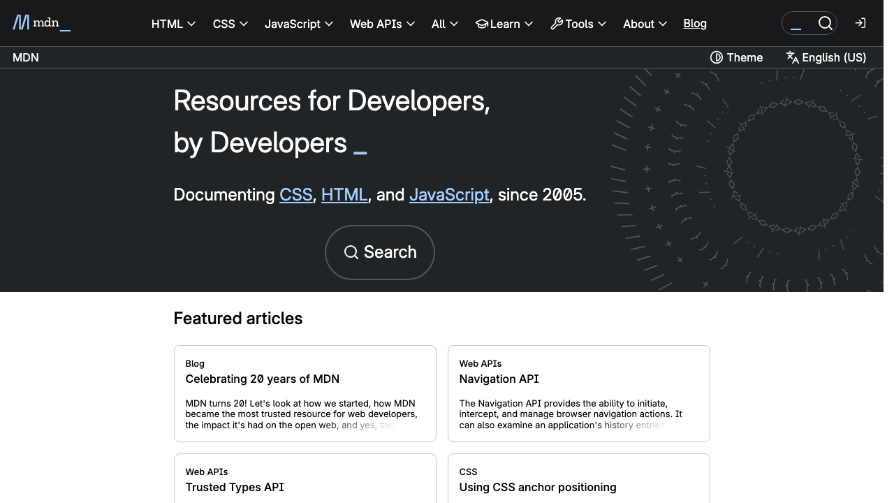 The top page of MDN Web Docs. It shows the heading “Resources for Developers, by Developers” and a search button