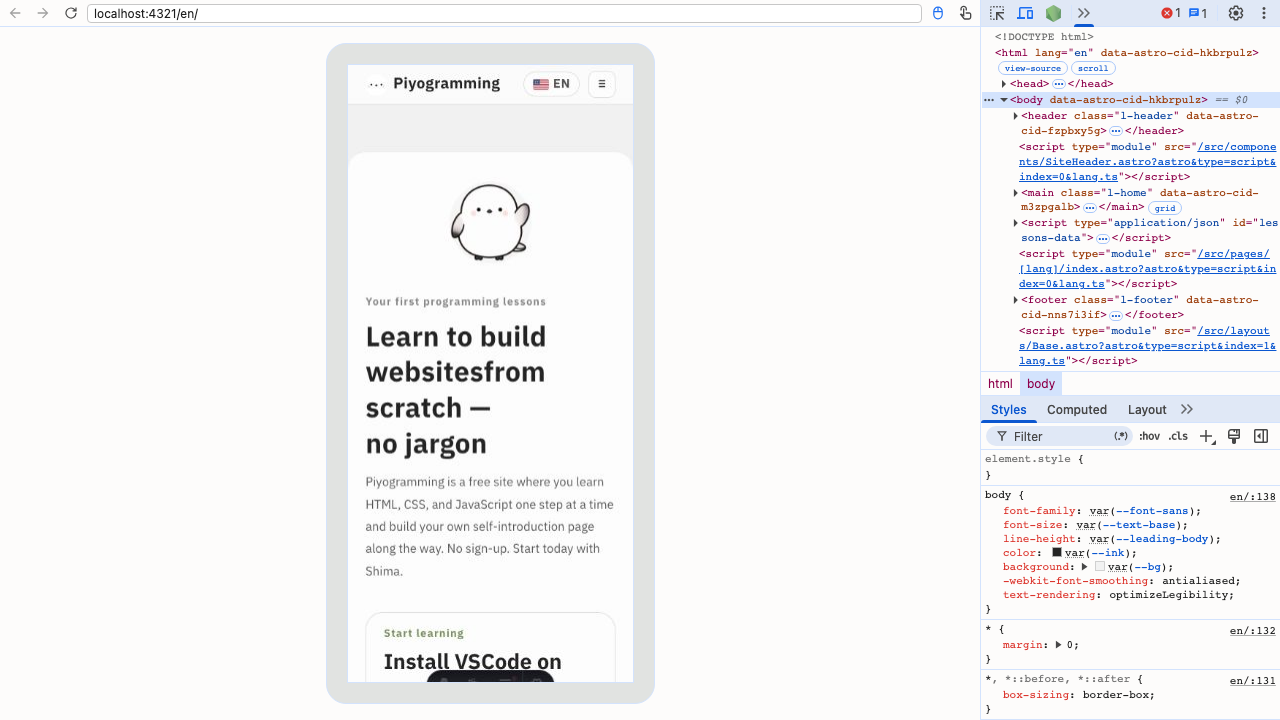 Dev tools open, with the page rendered at phone width on the left and the HTML structure and styles on the right
