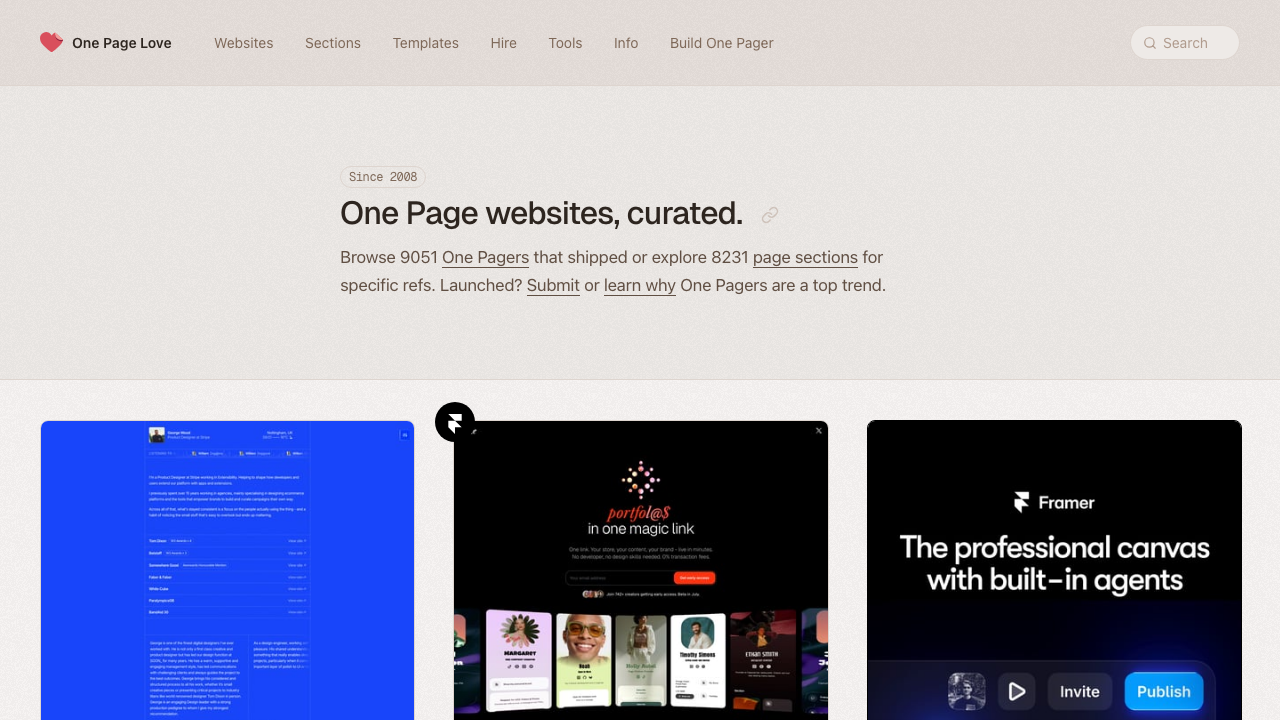 The One Page Love screen. The heading “One Page websites, curated.” sits above links to browse 9051 One Pagers or 8231 page sections, with three site screenshots below