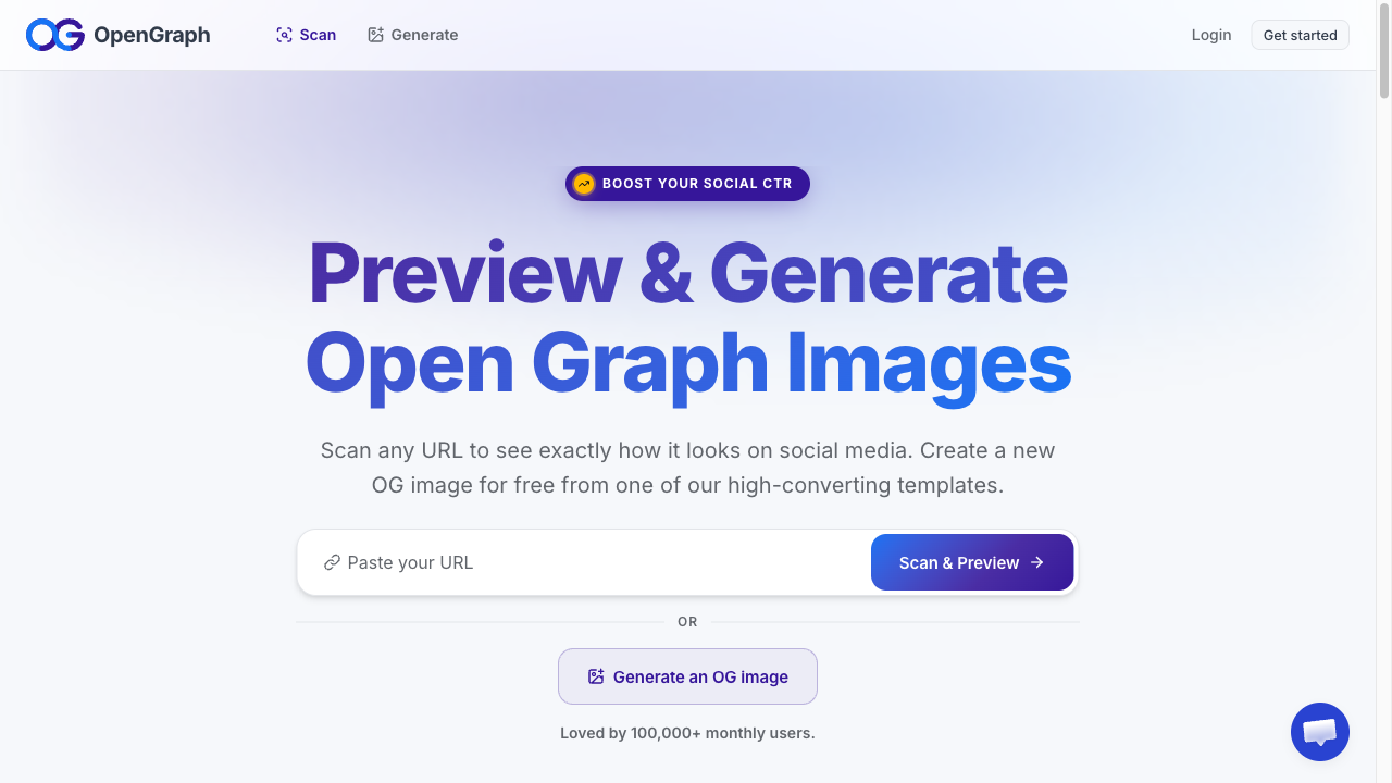 The OpenGraph.xyz top page. It shows the heading “Preview & Generate Open Graph Images” and a “Paste your URL” input with a Scan & Preview button