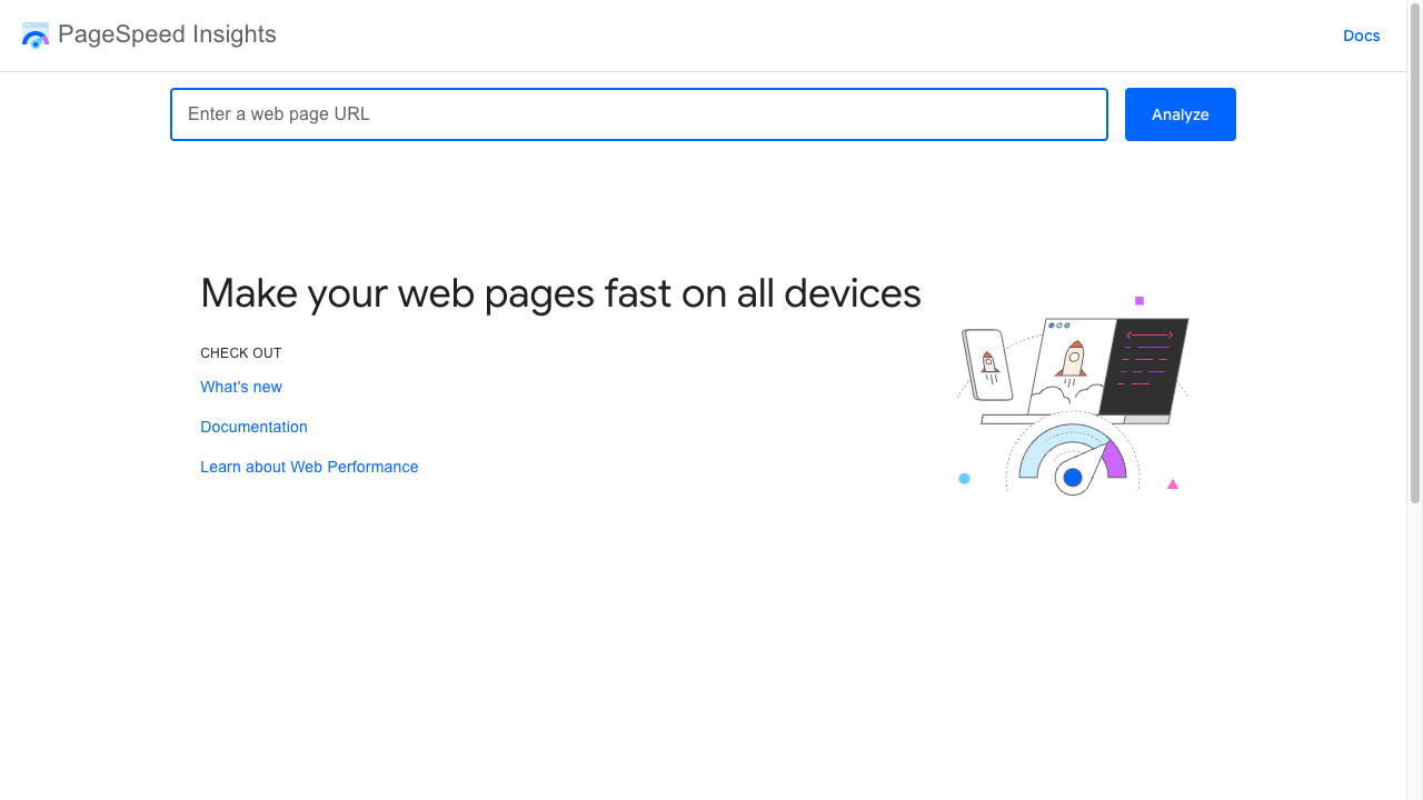 The PageSpeed Insights home page, with a field for entering a web page URL and an Analyze button