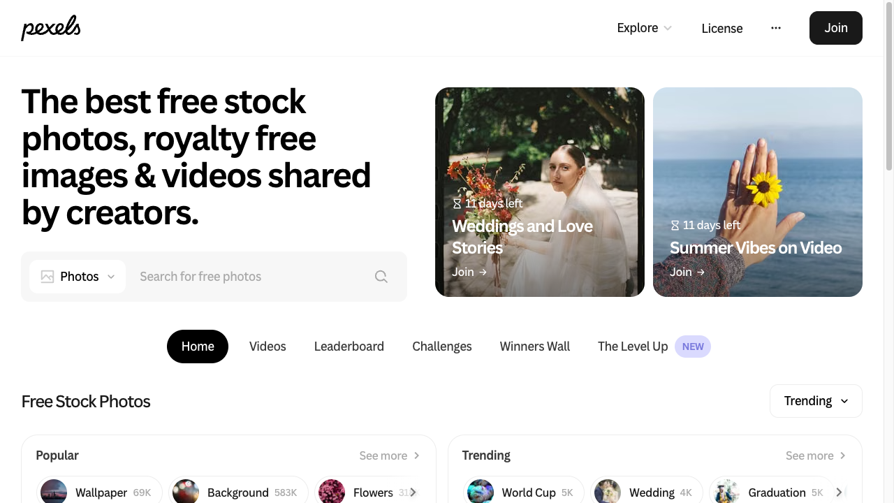 The Pexels screen. “The best free stock photos, royalty free images & videos shared by creators.” with a search box, and Popular and Trending keyword lists below