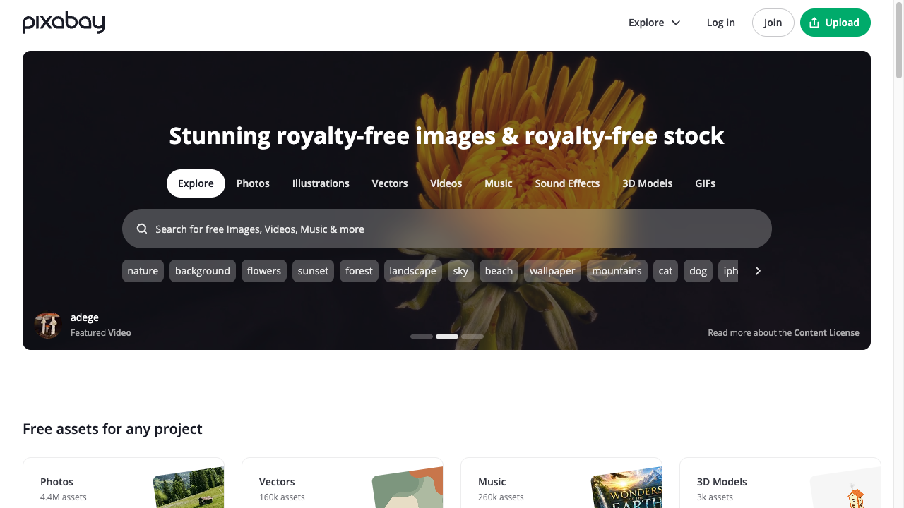 The Pixabay screen. A flower photo as the hero with the heading “Stunning royalty-free images & royalty-free stock”, a search box, and tabs for Photos, Illustrations, Vectors, and Videos