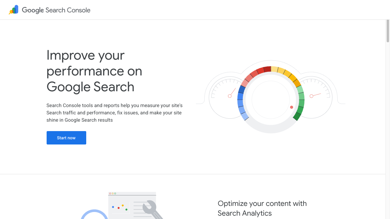 The Google Search Console product page, showing the headline “Improve your performance on Google Search” and a Start now button