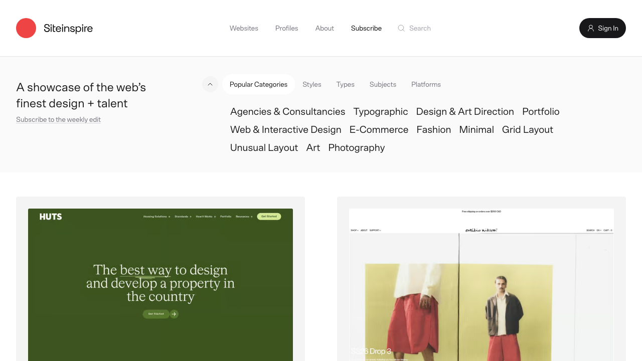 The SiteInspire screen. On the left, the tagline “A showcase of the web’s finest design + talent”; on the right, category links like Typographic, Portfolio, Minimal, and Grid Layout, with site screenshots below