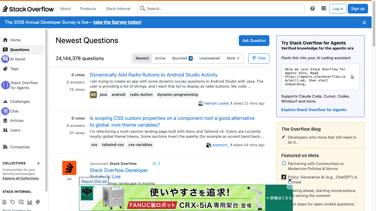 The Stack Overflow questions page. Questions are listed with their tags and vote counts