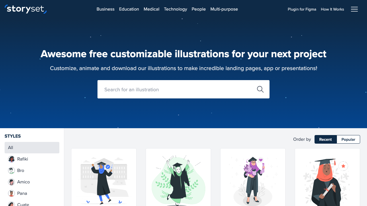 The Storyset screen. A dark blue header reading “Awesome free customizable illustrations for your next project” with a search box, and illustrations of graduating students below