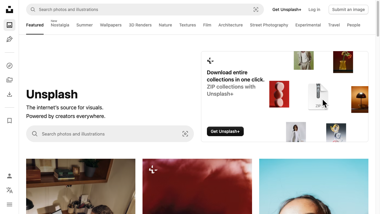 The Unsplash screen. “The internet’s source for visuals.” as a heading with a search box, category tabs like Nature and Travel across the top, and photos tiled below