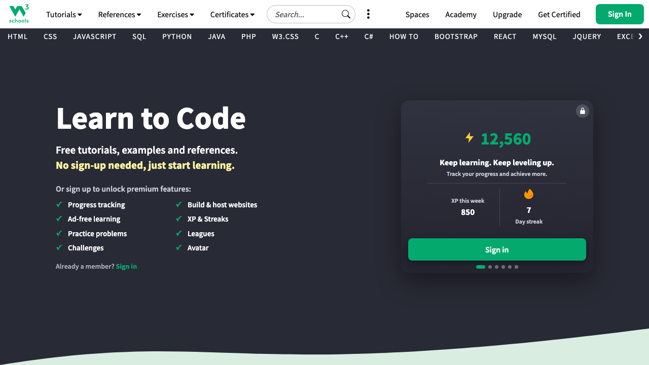 The W3Schools top page. Tutorial menus for HTML, CSS, and JavaScript are lined up