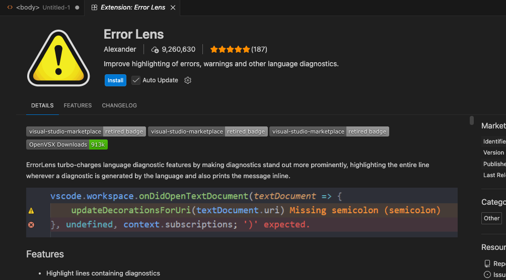 VSCodeの拡張機能ページ。Error Lens(作者Alexander)の紹介。エラー文が行内に表示されたサンプルも写っている