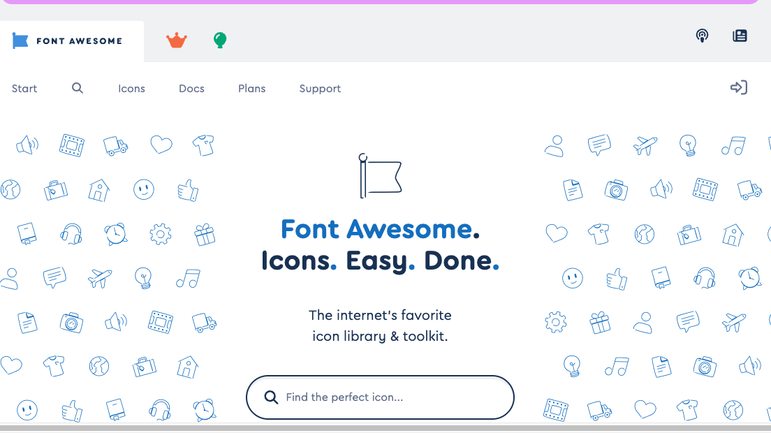 Font Awesomeの画面。検索欄の下に、シンプルな線と塗りのアイコンがぎっしり並んでいる