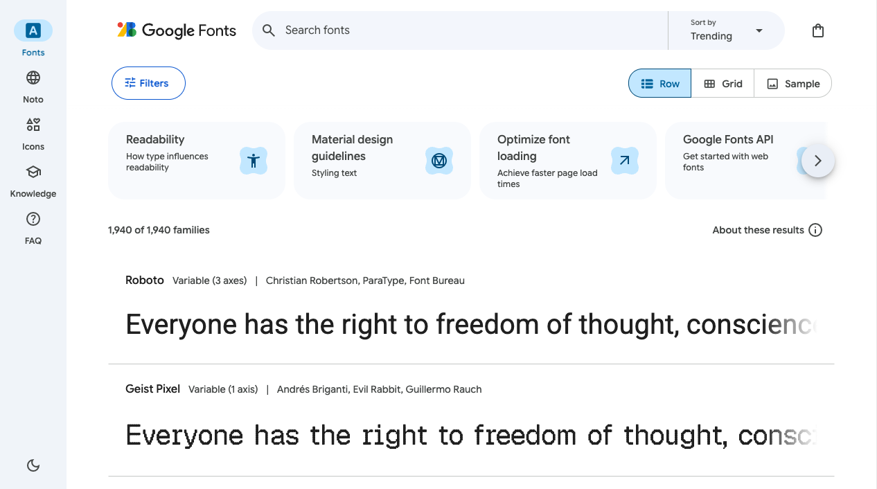 Google Fontsの一覧画面。上に検索欄、下にRoboto・Geist Pixel・Yuyuなど、いろいろな形のフォントで同じ例文が表示され、文字の顔つきが1つずつちがう