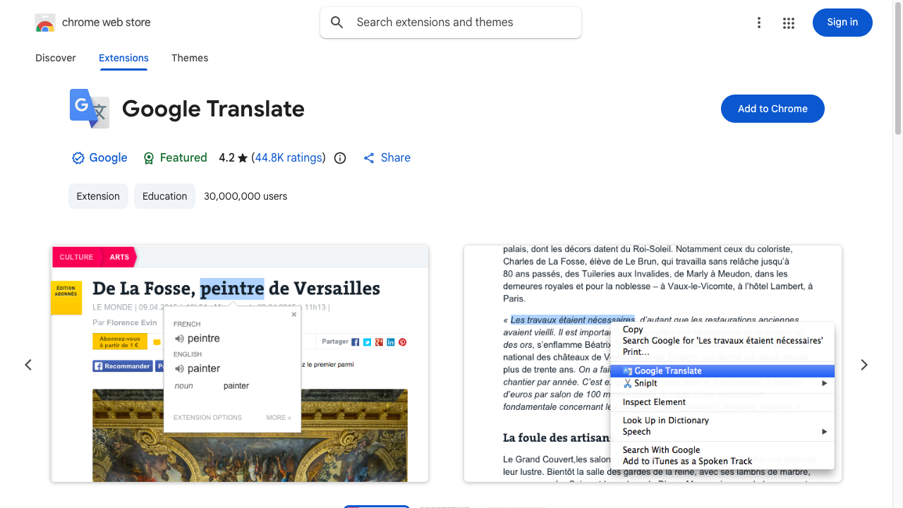 Google TranslateのChromeウェブストアページ。拡張機能のアイコンと説明、文章を選択して翻訳するサンプル画面、青い「Chromeに追加」ボタンが並んでいる