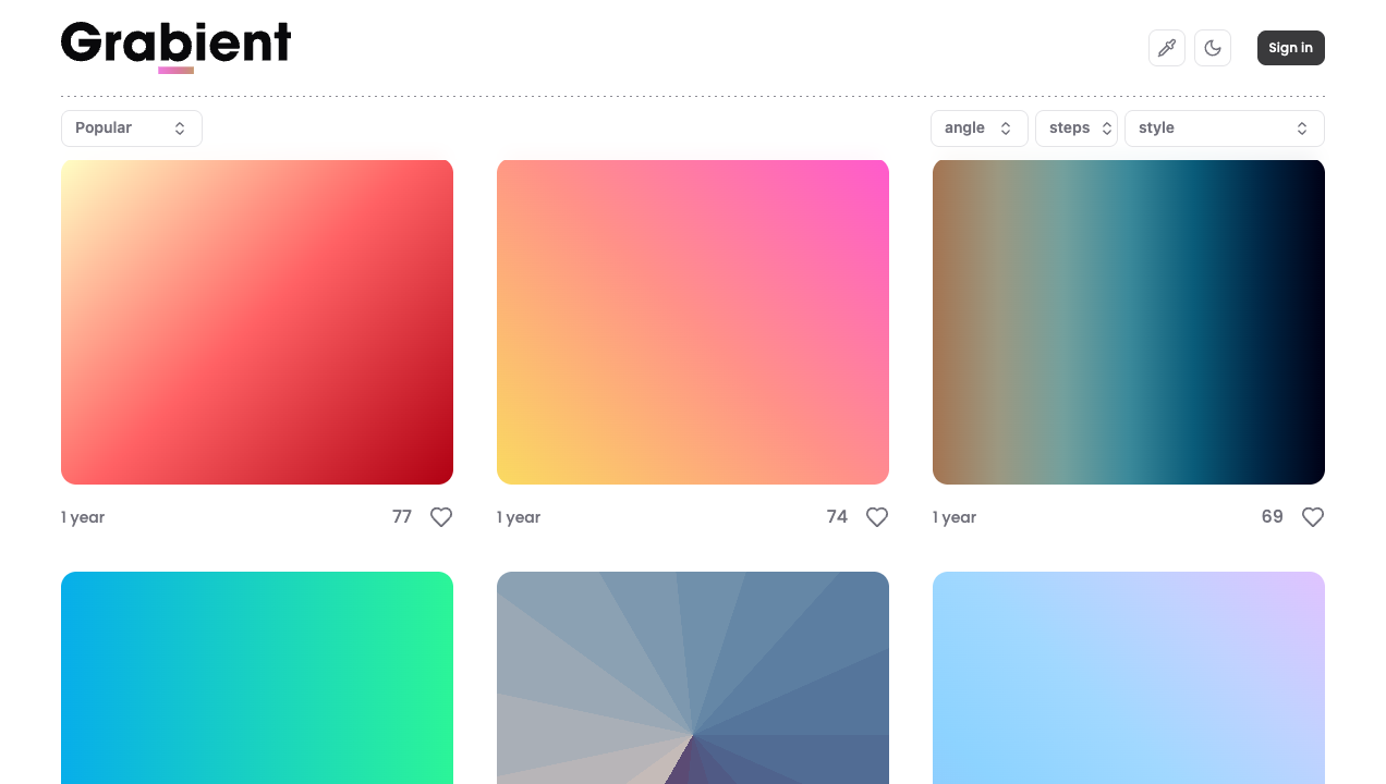 Grabientの画面。あざやかなグラデーションのタイルが並び、上に角度やステップ数を変える設定がある