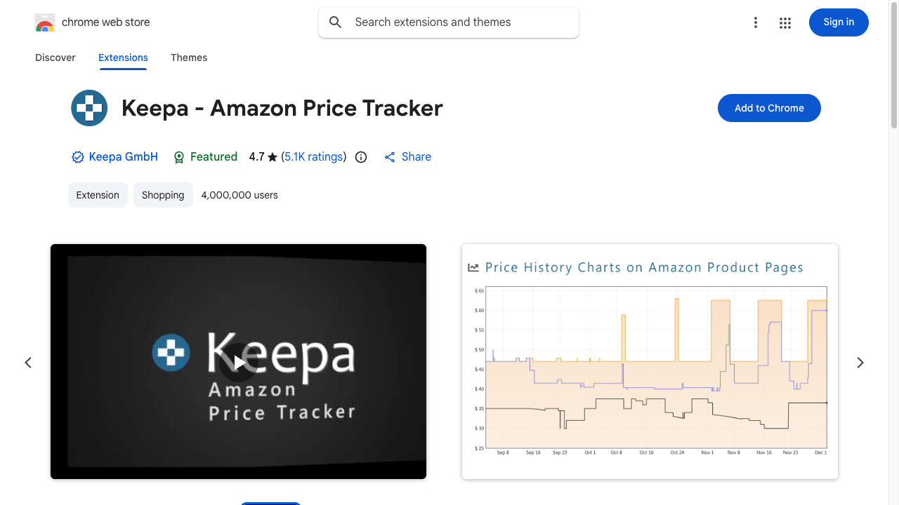 KeepaのChromeウェブストアページ。拡張機能のアイコンと説明、価格推移グラフのサンプル、青い「Chromeに追加」ボタンが並んでいる