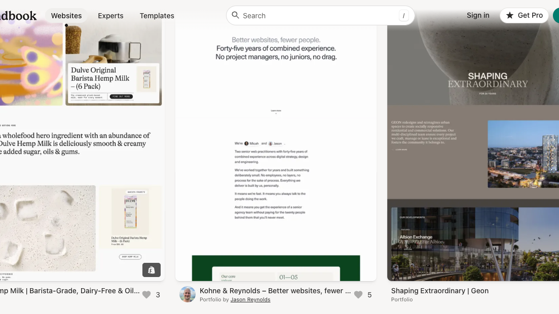 Land-bookの画面。すっきりしたレイアウトのサイトが、余白を広めにとったグリッドで並んでいる