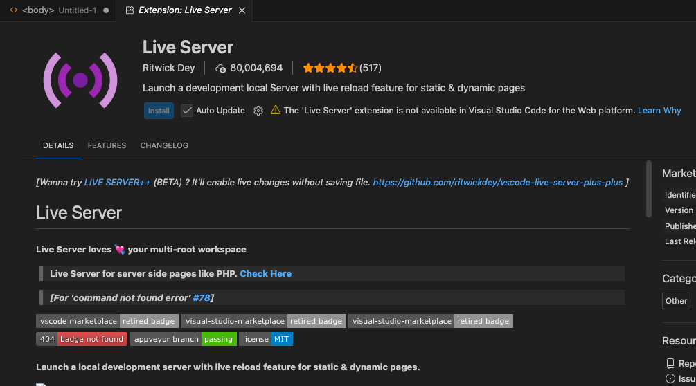VSCodeの拡張機能ページ。Live Server(作者Ritwick Dey)の紹介。名前・説明・青いInstallボタンが並ぶ
