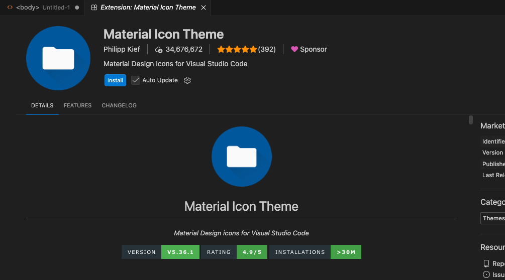 VSCodeの拡張機能ページ。Material Icon Theme(作者Philipp Kief)の紹介。フォルダのアイコンと説明が並ぶ