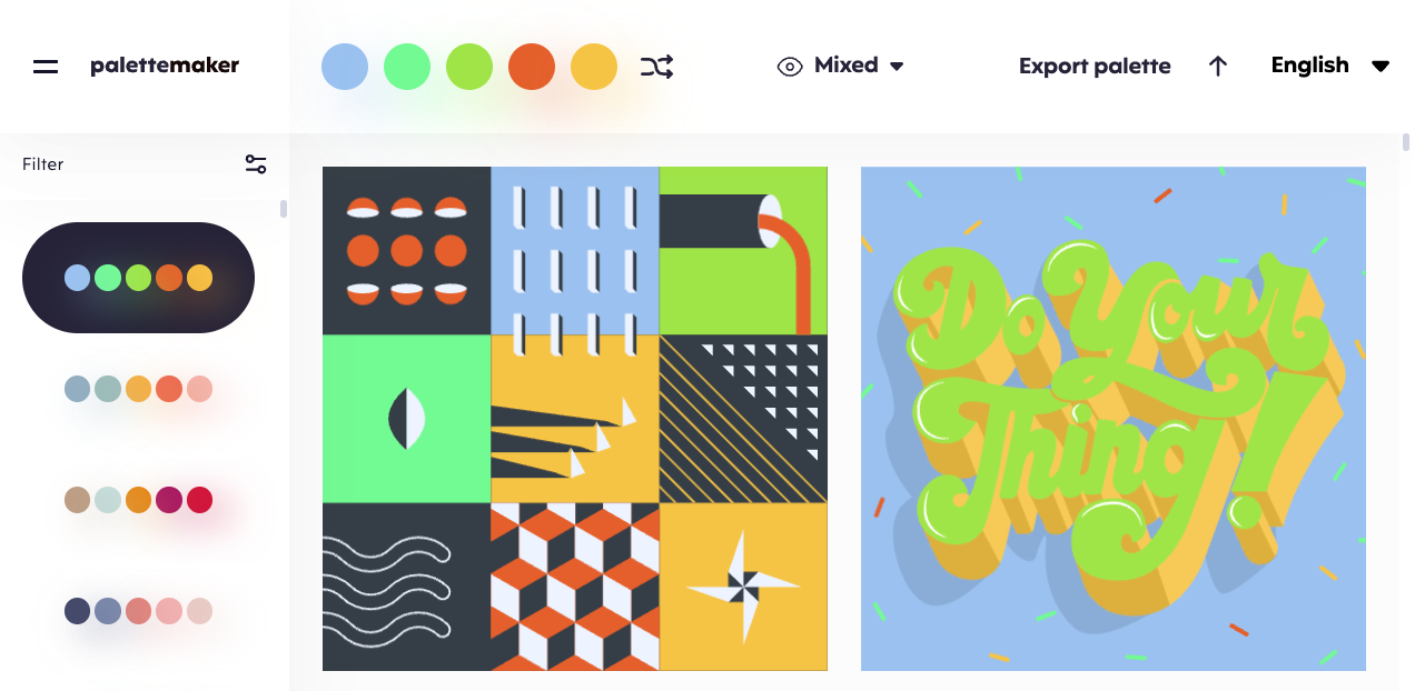 palettemakerの画面。左に配色のバリエーション、中央に配色が反映されたカラフルなデザイン作例が並んでいる